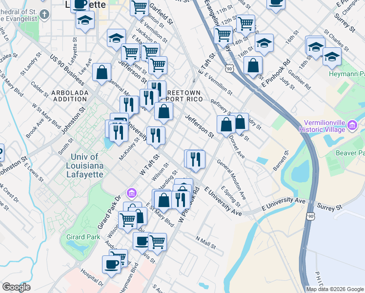 map of restaurants, bars, coffee shops, grocery stores, and more near 800 Stevenson Street in Lafayette