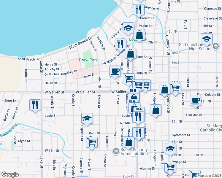 map of restaurants, bars, coffee shops, grocery stores, and more near 204 West Sallier Street in Lake Charles