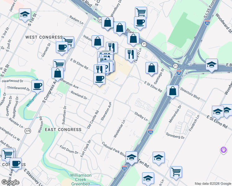 map of restaurants, bars, coffee shops, grocery stores, and more near 4503 Terry-O Lane in Austin