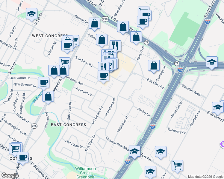 map of restaurants, bars, coffee shops, grocery stores, and more near 508 Sheraton Avenue in Austin