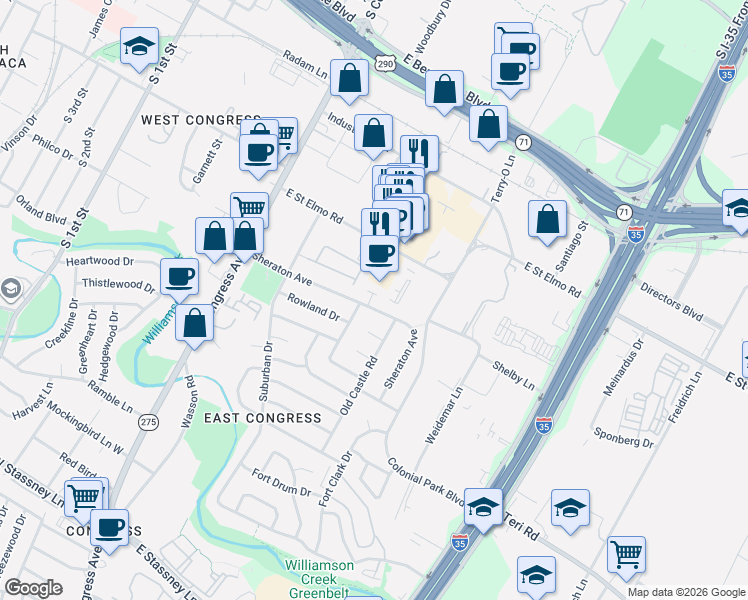 map of restaurants, bars, coffee shops, grocery stores, and more near 508 Sheraton Avenue in Austin