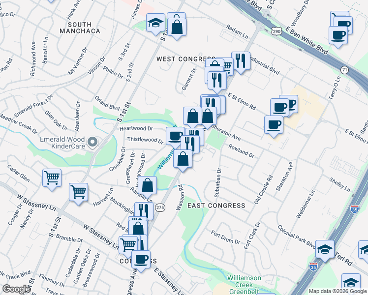 map of restaurants, bars, coffee shops, grocery stores, and more near 4930 South Congress Avenue in Austin