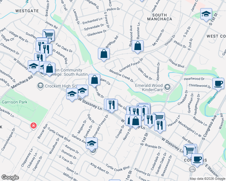 map of restaurants, bars, coffee shops, grocery stores, and more near 5409 Emerald Forest Drive in Austin