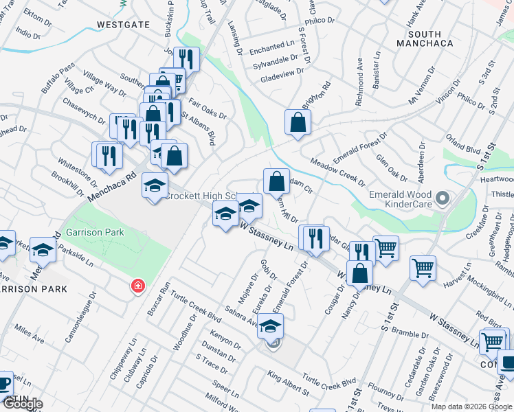 map of restaurants, bars, coffee shops, grocery stores, and more near 1402 West Stassney Lane in Austin