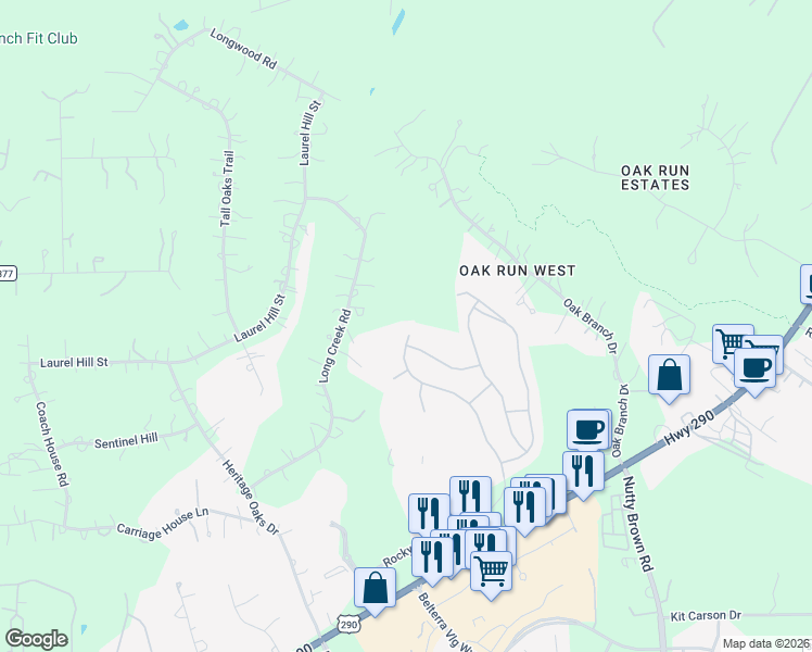 map of restaurants, bars, coffee shops, grocery stores, and more near 696 Ledge Stone Drive in Austin