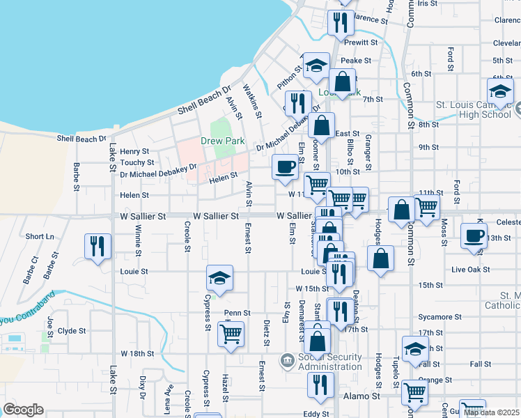 map of restaurants, bars, coffee shops, grocery stores, and more near 226 West Sallier Street in Lake Charles