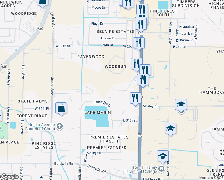 map of restaurants, bars, coffee shops, grocery stores, and more near 2945 Palmetto Ridge Way in Lynn Haven
