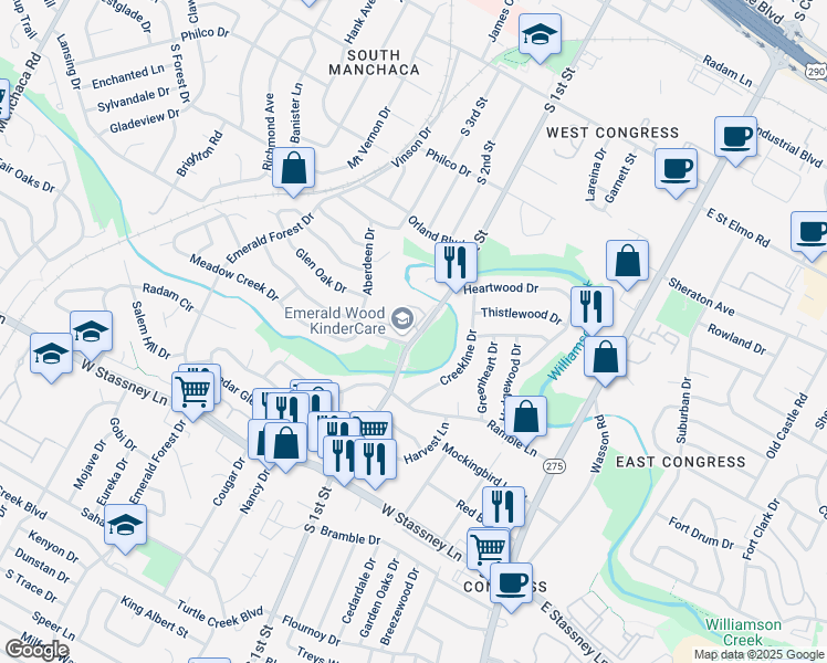 map of restaurants, bars, coffee shops, grocery stores, and more near 610 Emerald Wood Drive in Austin