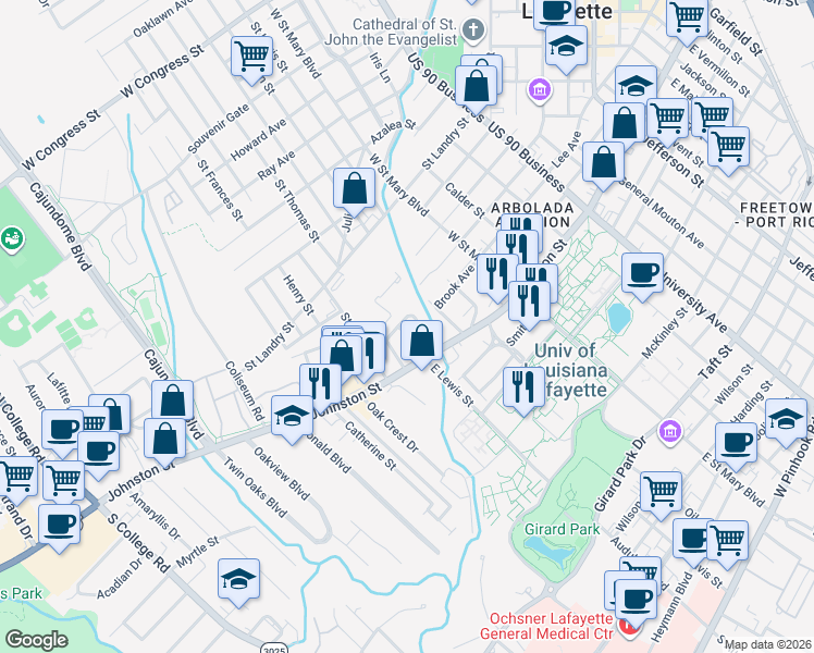 map of restaurants, bars, coffee shops, grocery stores, and more near 133 West Lewis Street in Lafayette