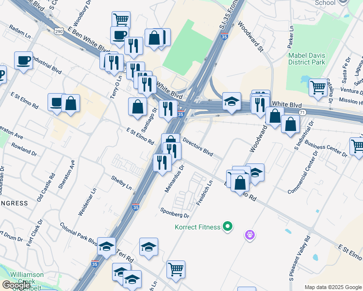 map of restaurants, bars, coffee shops, grocery stores, and more near 1701 Directors Boulevard in Austin