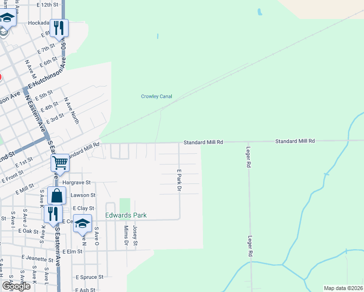 map of restaurants, bars, coffee shops, grocery stores, and more near 121 East Park Drive in Crowley