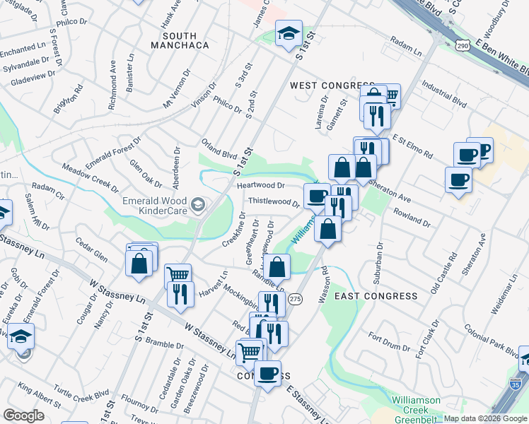 map of restaurants, bars, coffee shops, grocery stores, and more near 5000 Hedgewood Drive in Austin