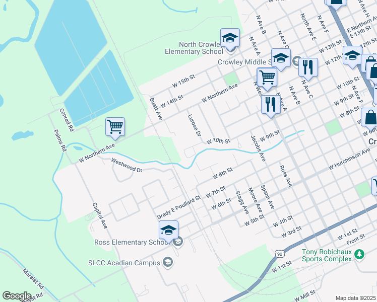 map of restaurants, bars, coffee shops, grocery stores, and more near 200 Kathy Meadows Lane in Crowley
