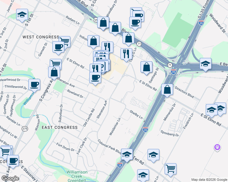 map of restaurants, bars, coffee shops, grocery stores, and more near 4503 Terry-O Lane in Austin