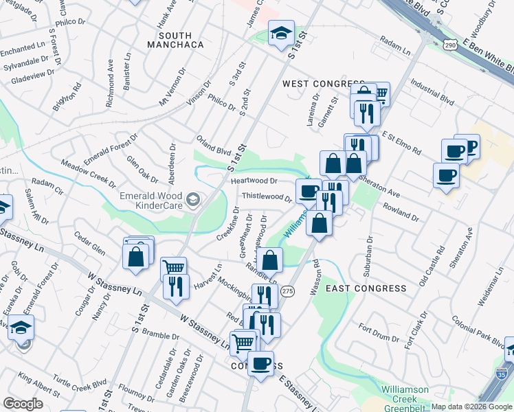 map of restaurants, bars, coffee shops, grocery stores, and more near 5000 Hedgewood Drive in Austin
