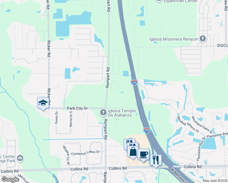 map of restaurants, bars, coffee shops, grocery stores, and more near 7272 Rampart Ridge Circle South in Jacksonville