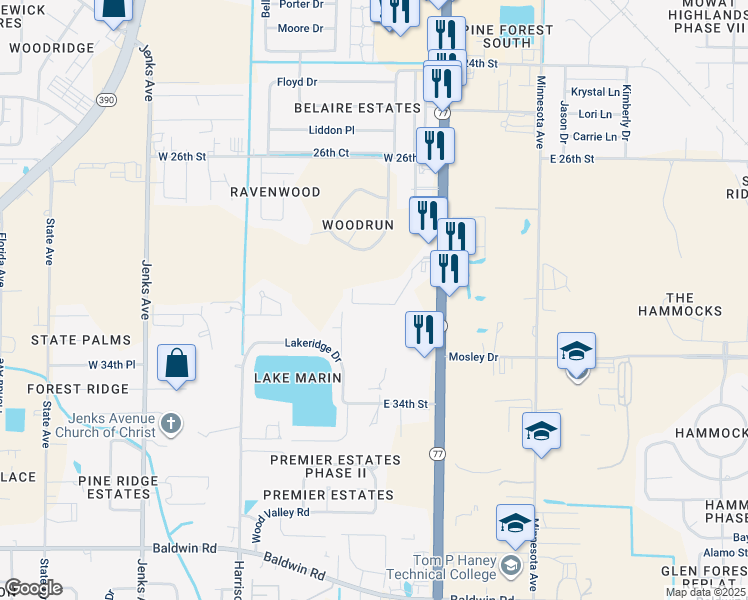 map of restaurants, bars, coffee shops, grocery stores, and more near 2919 Palmetto Ridge Way in Lynn Haven