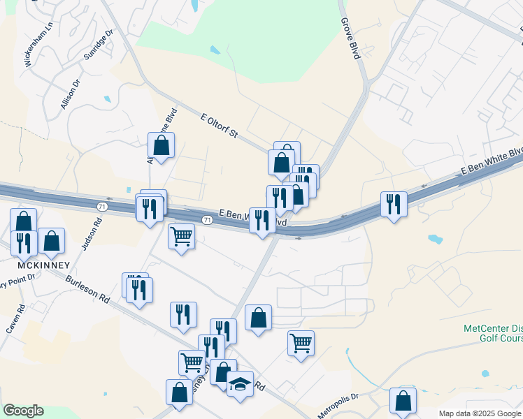 map of restaurants, bars, coffee shops, grocery stores, and more near 6130 East Ben White Boulevard in Austin