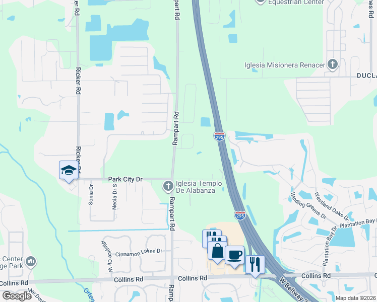 map of restaurants, bars, coffee shops, grocery stores, and more near 7272 Rampart Ridge Circle South in Jacksonville