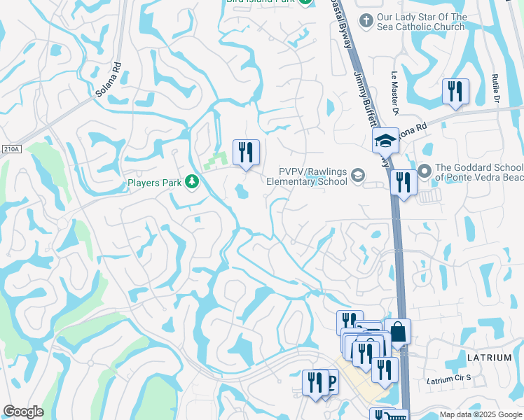 map of restaurants, bars, coffee shops, grocery stores, and more near 632 Miramar Lane in Ponte Vedra Beach