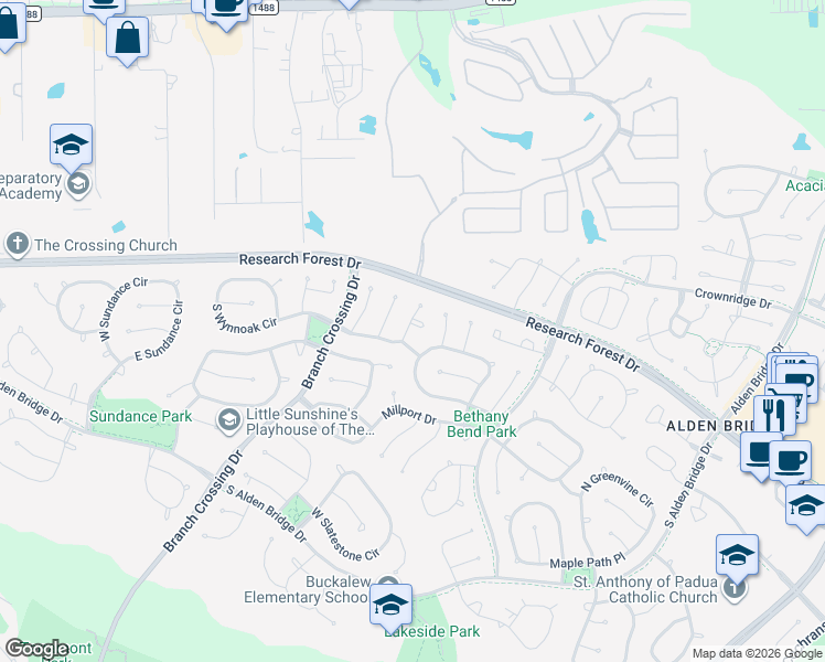 map of restaurants, bars, coffee shops, grocery stores, and more near 87 North Bethany Bend Circle in Spring