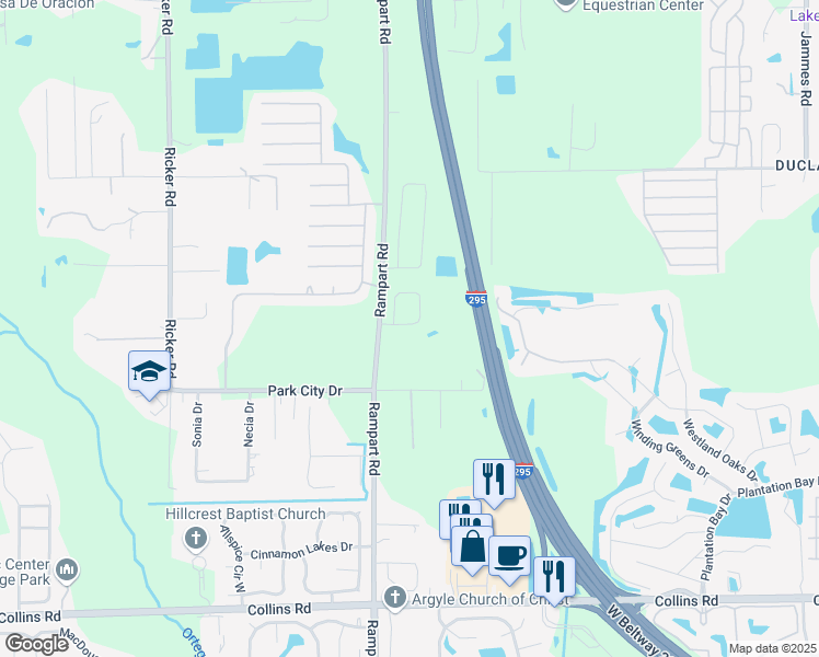 map of restaurants, bars, coffee shops, grocery stores, and more near 7272 Rampart Ridge Circle South in Jacksonville