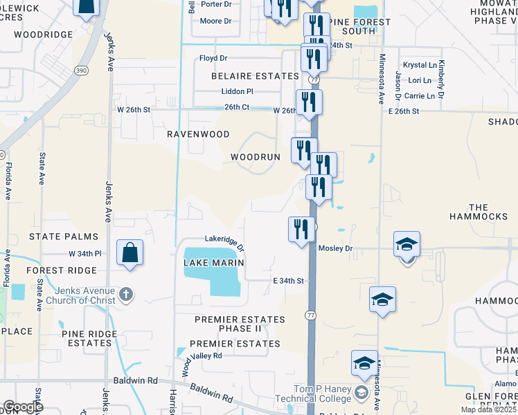 map of restaurants, bars, coffee shops, grocery stores, and more near 2945 Palmetto Ridge Way in Lynn Haven