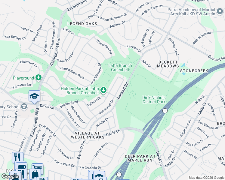 map of restaurants, bars, coffee shops, grocery stores, and more near 8213 Forest Heights Lane in Austin