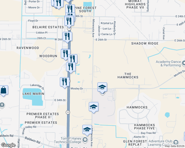 map of restaurants, bars, coffee shops, grocery stores, and more near 2909 Minnesota Avenue in Lynn Haven