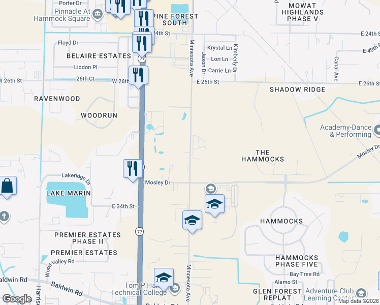 map of restaurants, bars, coffee shops, grocery stores, and more near 2932 Minnesota Avenue in Lynn Haven