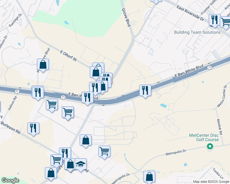 map of restaurants, bars, coffee shops, grocery stores, and more near 6434 East Ben White Boulevard in Austin