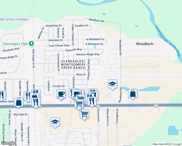 map of restaurants, bars, coffee shops, grocery stores, and more near 9954 Wing Street in Conroe