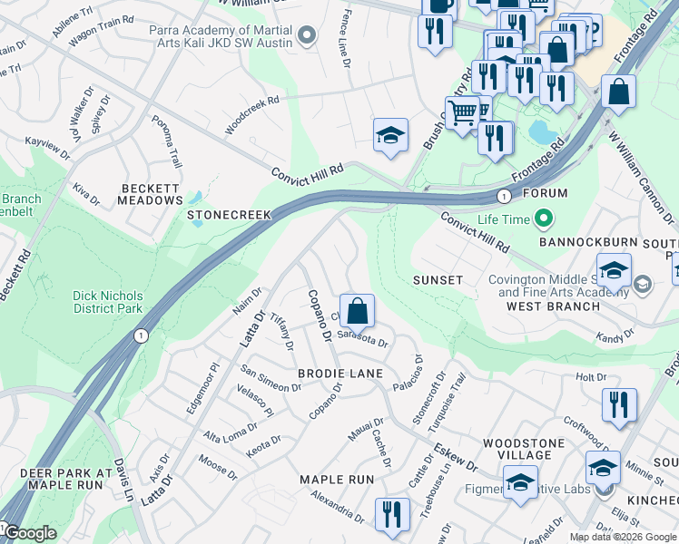 map of restaurants, bars, coffee shops, grocery stores, and more near 7706 Navarro Place in Austin