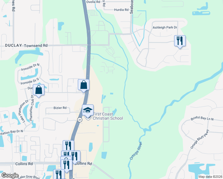 map of restaurants, bars, coffee shops, grocery stores, and more near 5811 Robitzsch Lane in Jacksonville