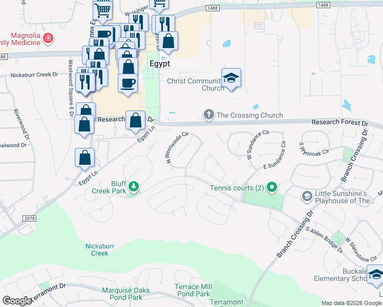 map of restaurants, bars, coffee shops, grocery stores, and more near 7 Westwinds Circle in Spring