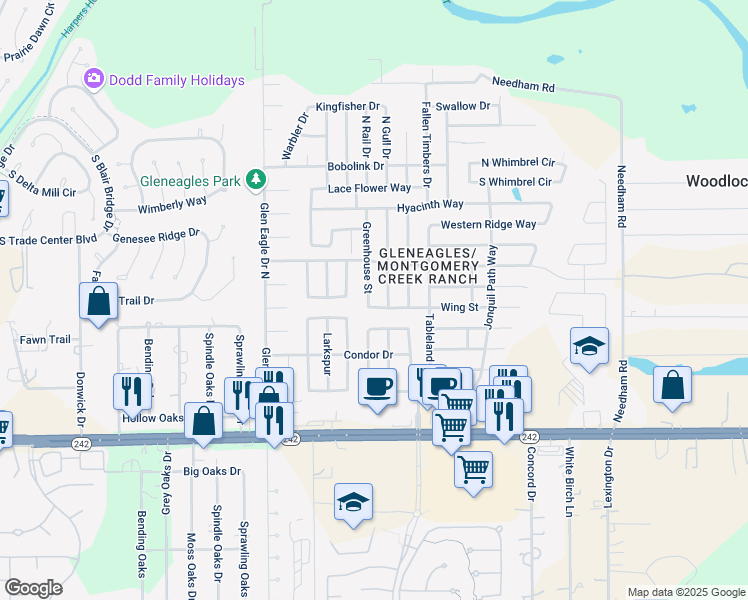 map of restaurants, bars, coffee shops, grocery stores, and more near 9858 Wing Street in Conroe