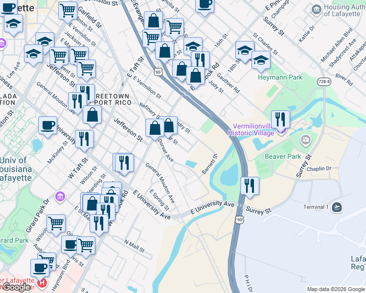 map of restaurants, bars, coffee shops, grocery stores, and more near 221 Dear Street in Lafayette