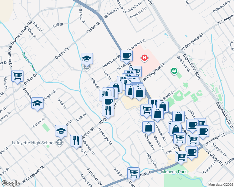 map of restaurants, bars, coffee shops, grocery stores, and more near 301 Rayburn Street in Lafayette