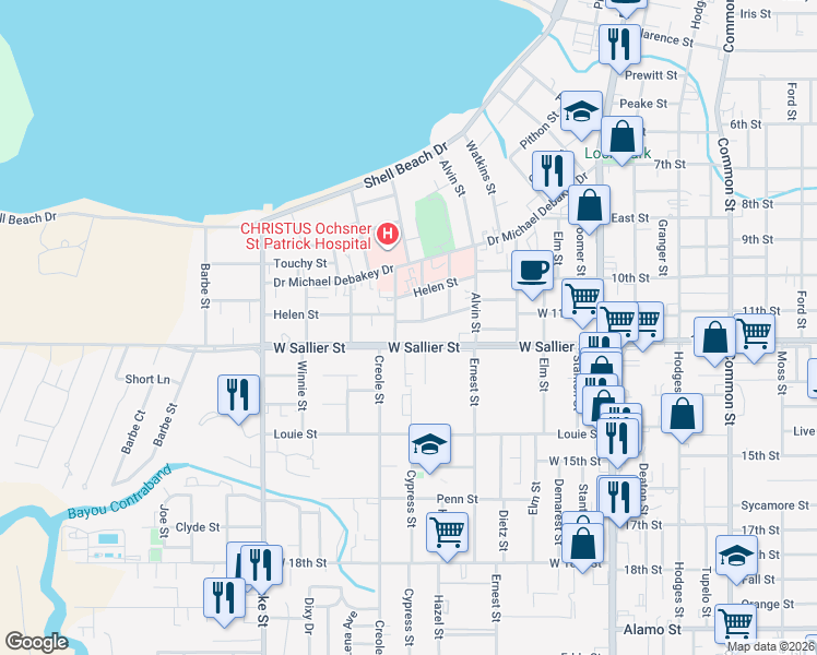 map of restaurants, bars, coffee shops, grocery stores, and more near 423 West Sallier Street in Lake Charles