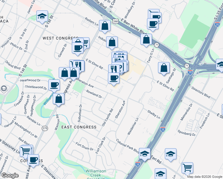 map of restaurants, bars, coffee shops, grocery stores, and more near 4604 Greenridge Terrace in Austin