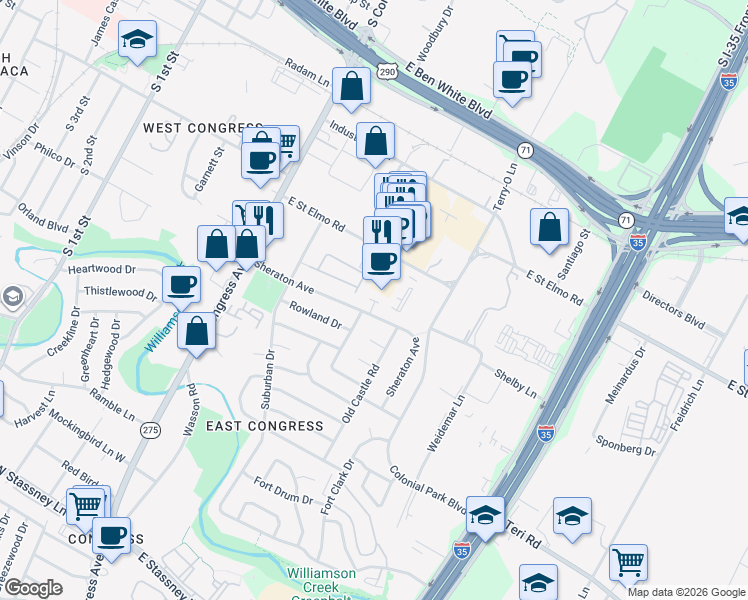 map of restaurants, bars, coffee shops, grocery stores, and more near 4604 Greenridge Terrace in Austin
