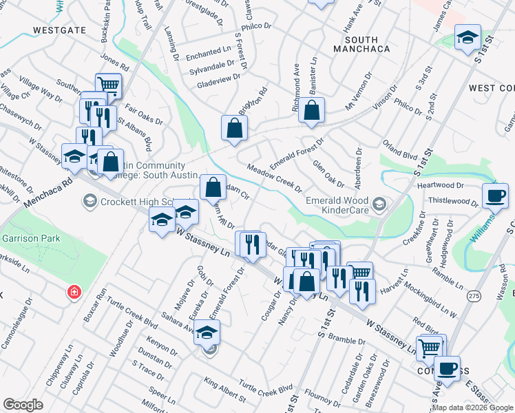 map of restaurants, bars, coffee shops, grocery stores, and more near 5409 Emerald Forest Drive in Austin