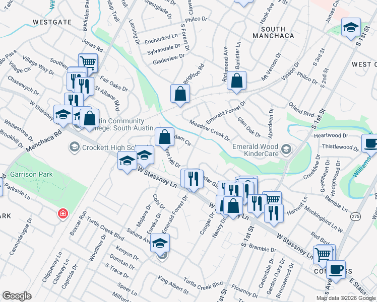map of restaurants, bars, coffee shops, grocery stores, and more near 5409 Emerald Forest Drive in Austin