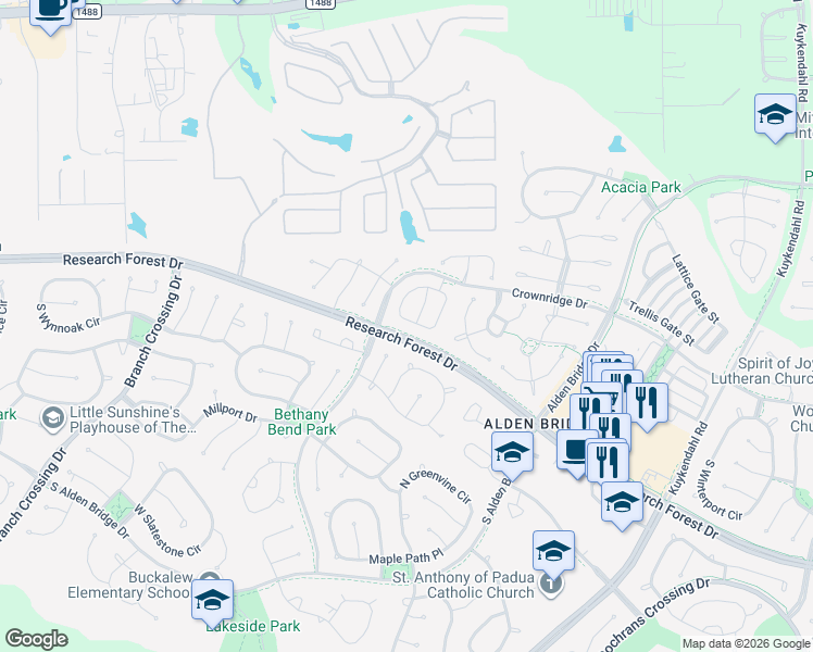 map of restaurants, bars, coffee shops, grocery stores, and more near 30 Willow Point Place in Spring