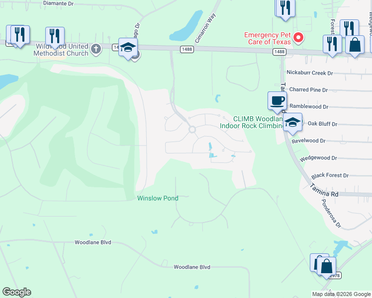 map of restaurants, bars, coffee shops, grocery stores, and more near 3949 Eagle Nest Lake Lane in Magnolia