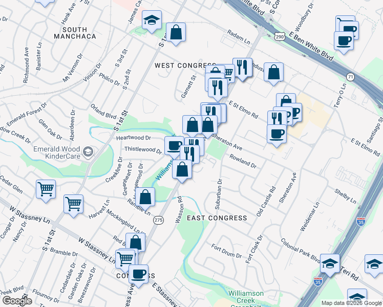 map of restaurants, bars, coffee shops, grocery stores, and more near 4809 South Congress Avenue in Austin