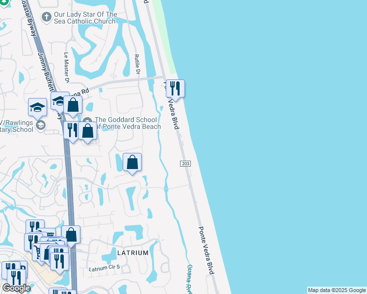 map of restaurants, bars, coffee shops, grocery stores, and more near 655 Ponte Vedra Boulevard in Ponte Vedra Beach