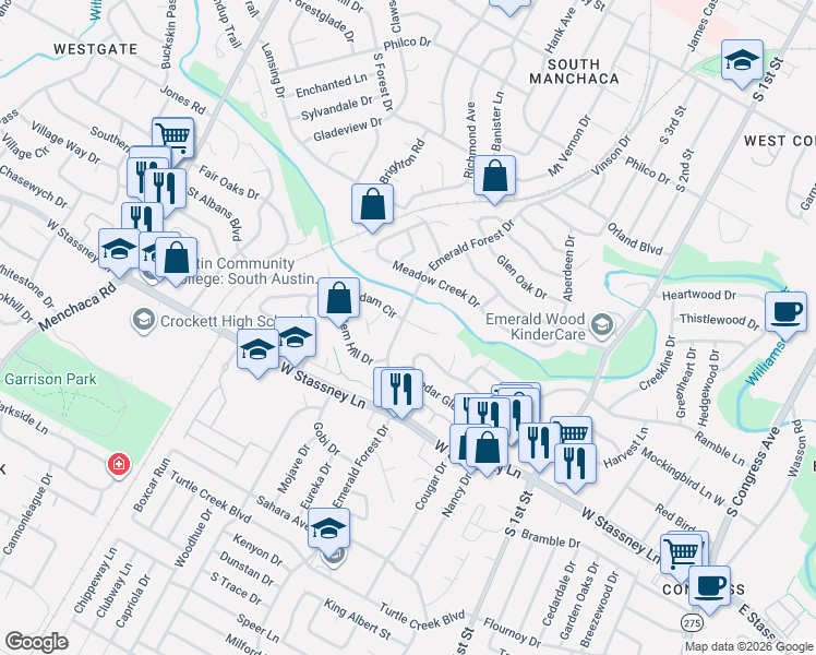 map of restaurants, bars, coffee shops, grocery stores, and more near 5409 Emerald Forest Drive in Austin