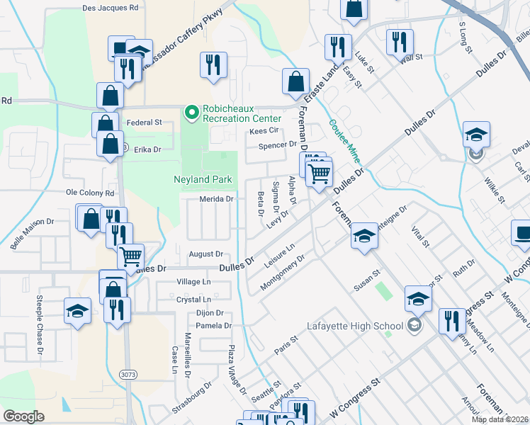 map of restaurants, bars, coffee shops, grocery stores, and more near 108 Beta Drive in Lafayette