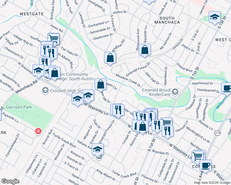 map of restaurants, bars, coffee shops, grocery stores, and more near 5409 Emerald Forest Drive in Austin